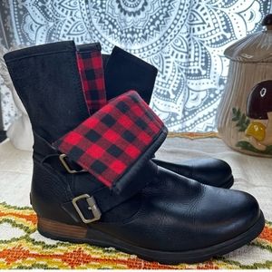 Sorel Major Moto Boot Womens Size 10 Leather Pull On Buffalo Plaid Black